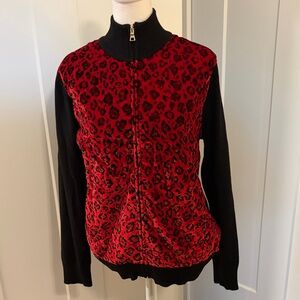 EP Pro Womens Red Black Leopard Print Zip Up Sweater Jacket Size L Golfing Cozy